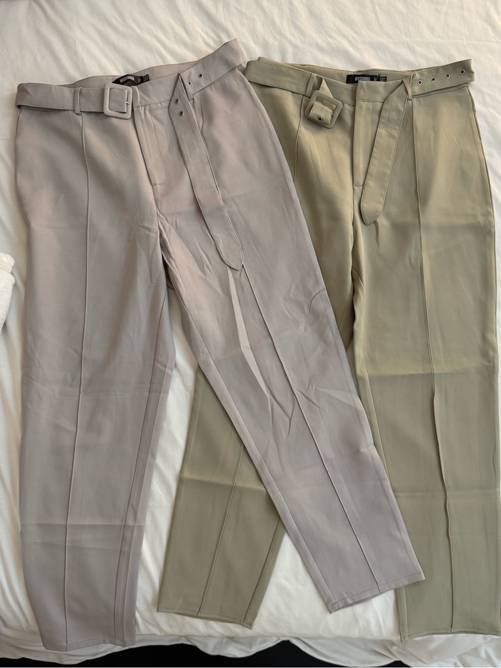 Missguided High-Waist Pleated Trousers with Belt — Light Gray and Olive